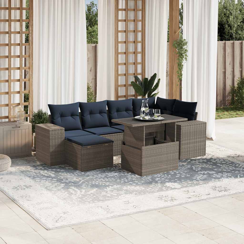 7-teiliges Gartensofa-Set mit Kissen, schwarzes Polyrattan