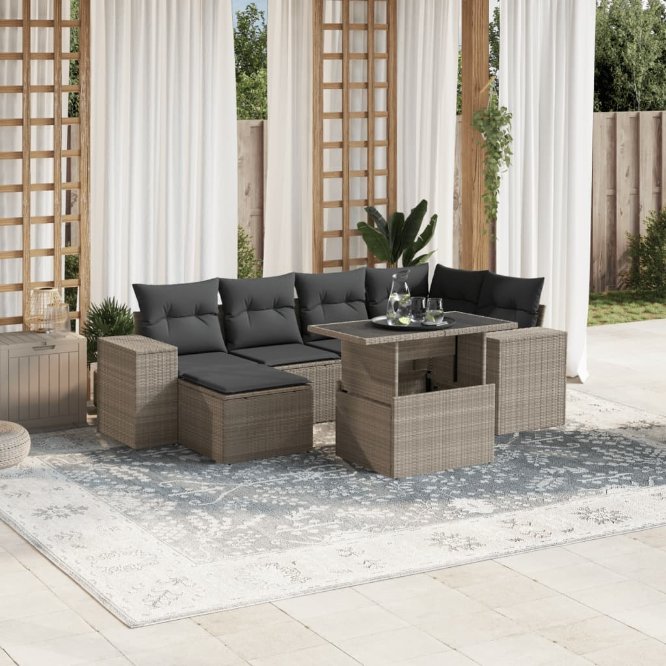 7-tlg. Garten-Sofagarnitur mit Kissen Schwarz Poly Rattan