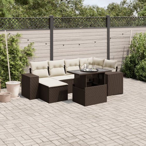 7-tlg. Garten-Sofagarnitur mit Kissen Schwarz Poly Rattan