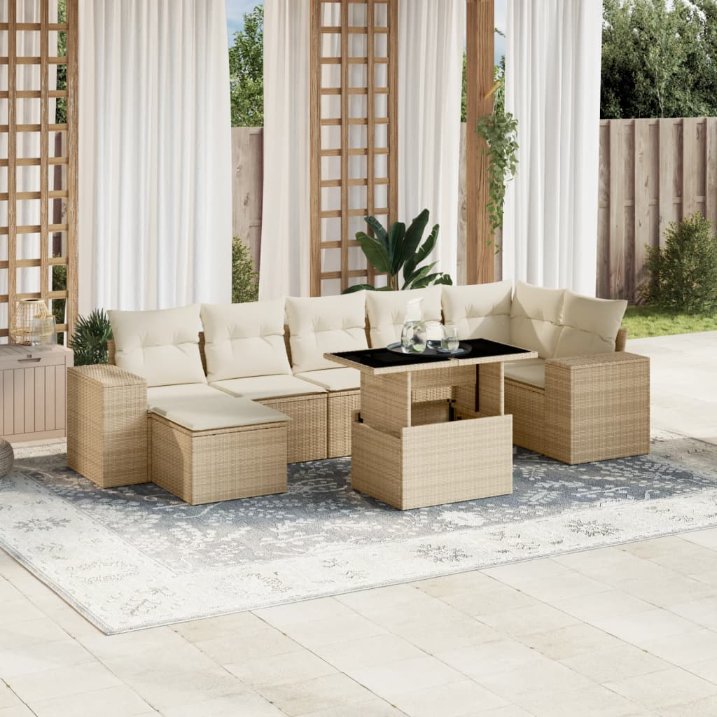 8-tlg. Garten-Sofagarnitur mit Kissen Schwarz Poly Rattan