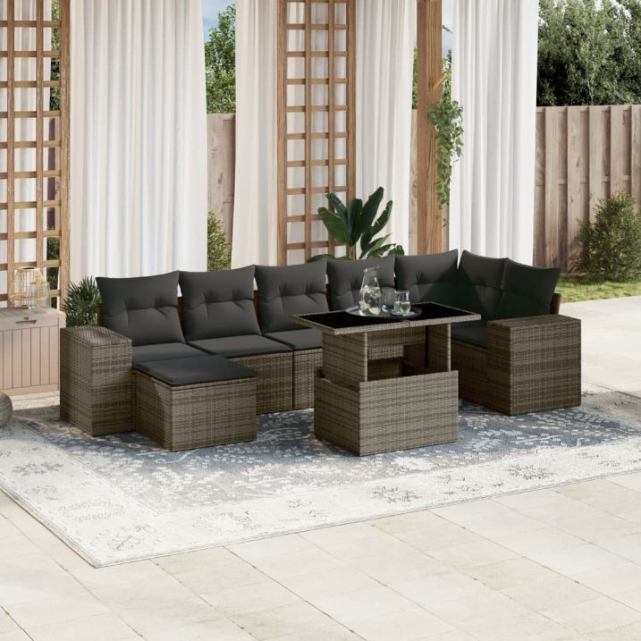 8-tlg. Garten-Sofagarnitur mit Kissen Schwarz Poly Rattan