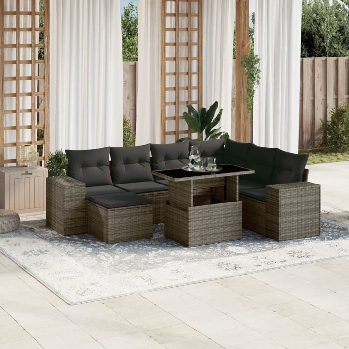8-tlg. Garten-Sofagarnitur mit Kissen Schwarz Poly Rattan