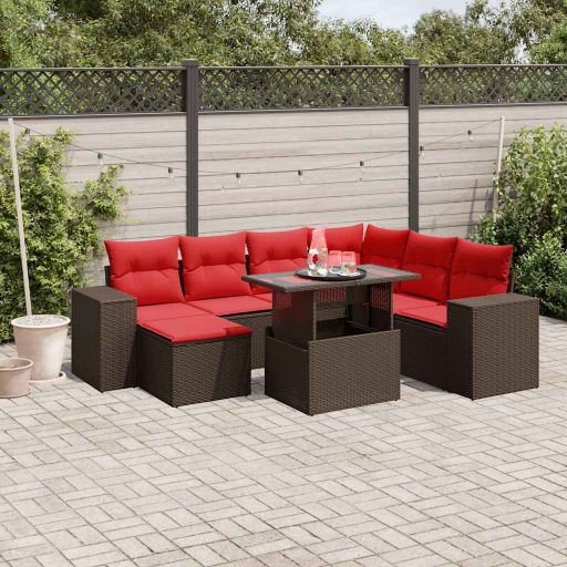 8-teiliges Gartensofa-Set mit Kissen, schwarzes Polyrattan