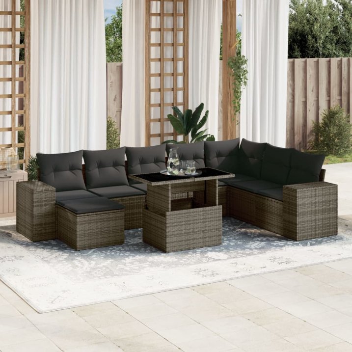 9-tlg. Garten-Sofagarnitur mit Kissen Schwarz Poly Rattan