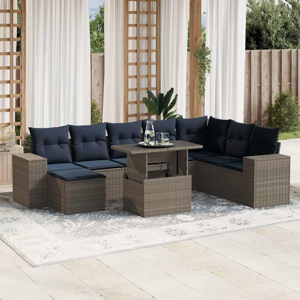 9-teiliges Gartensofa-Set mit Kissen, schwarzes Polyrattan