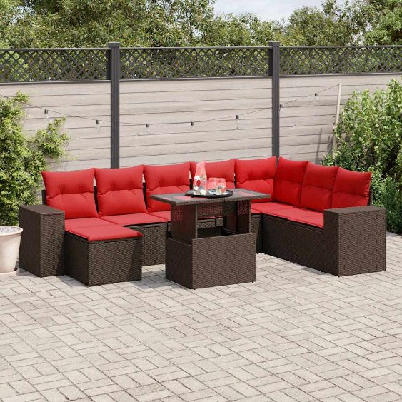 9-teiliges Gartensofa-Set mit Kissen, schwarzes Polyrattan