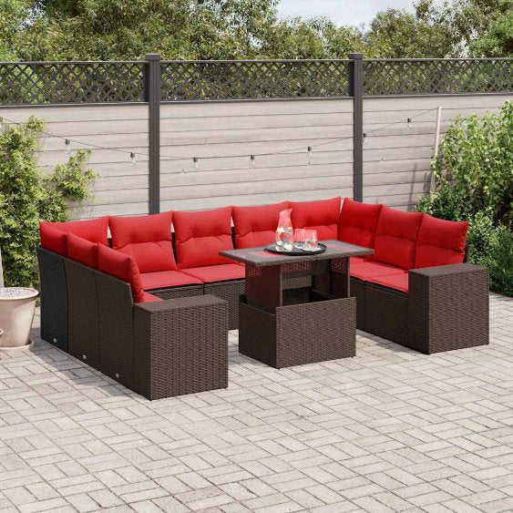 vidaXL 10-teiliges Gartensofa-Set mit Kissen, schwarzes Polyrattan