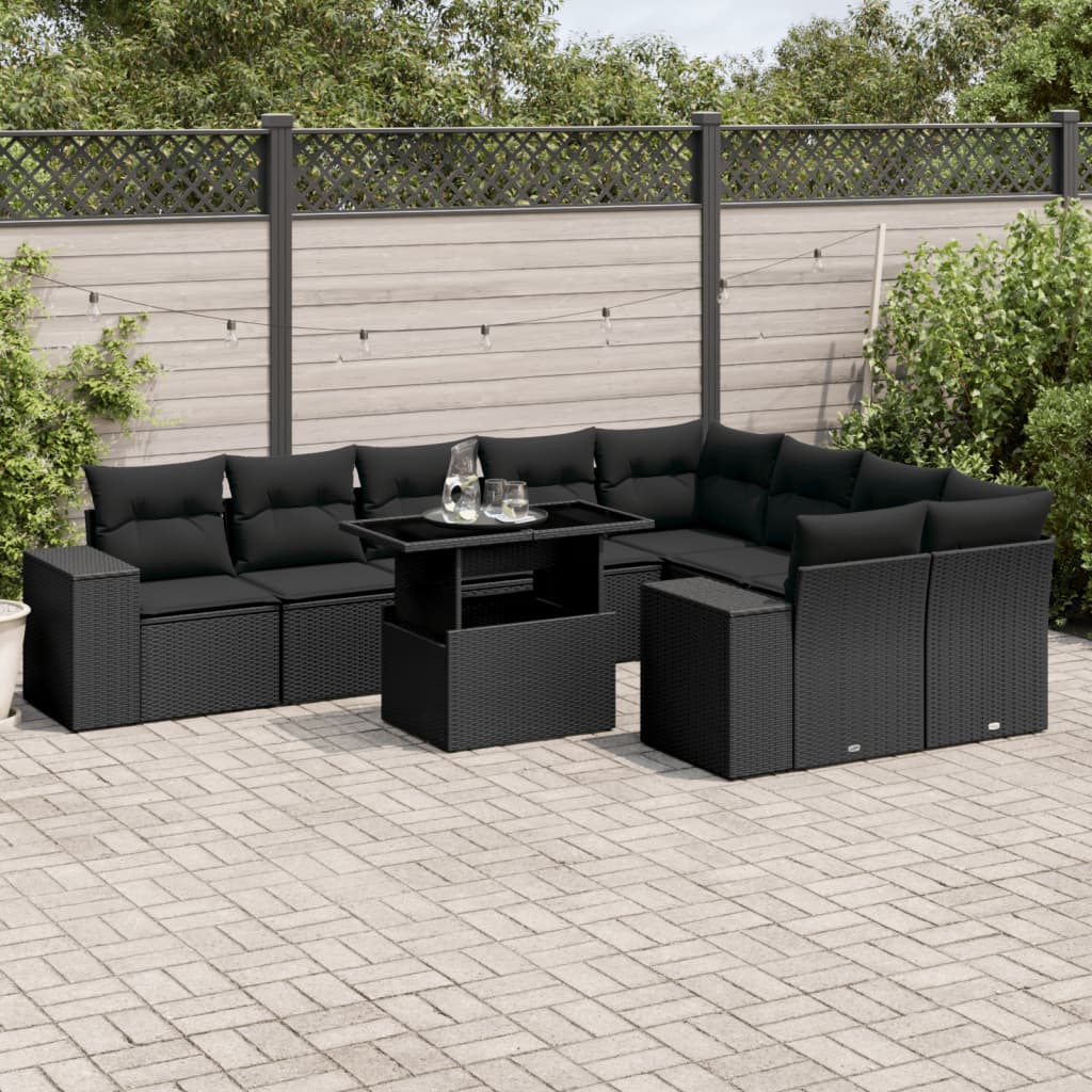 vidaXL 10-tlg. Garten-Sofagarnitur mit Kissen Schwarz Poly Rattan
