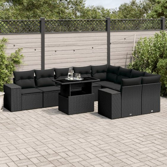 vidaXL 10-tlg. Garten-Sofagarnitur mit Kissen Schwarz Poly Rattan