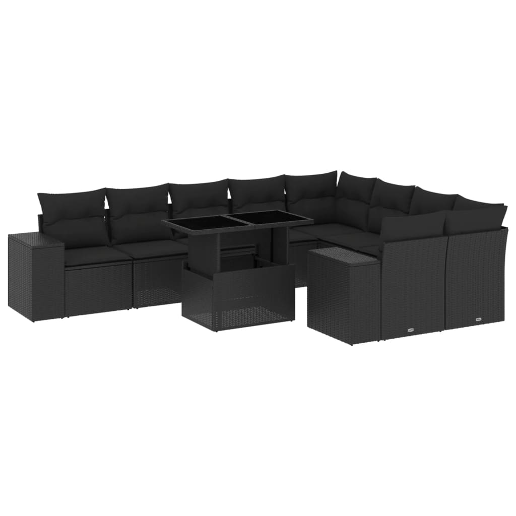 vidaXL 10-tlg. Garten-Sofagarnitur mit Kissen Schwarz Poly Rattan