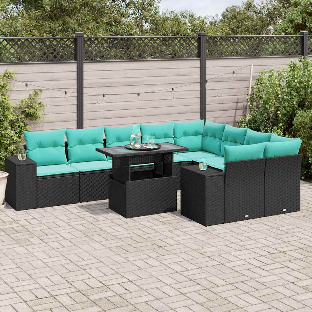 vidaXL 10-teiliges Gartensofa-Set mit Kissen, schwarzes Polyrattan