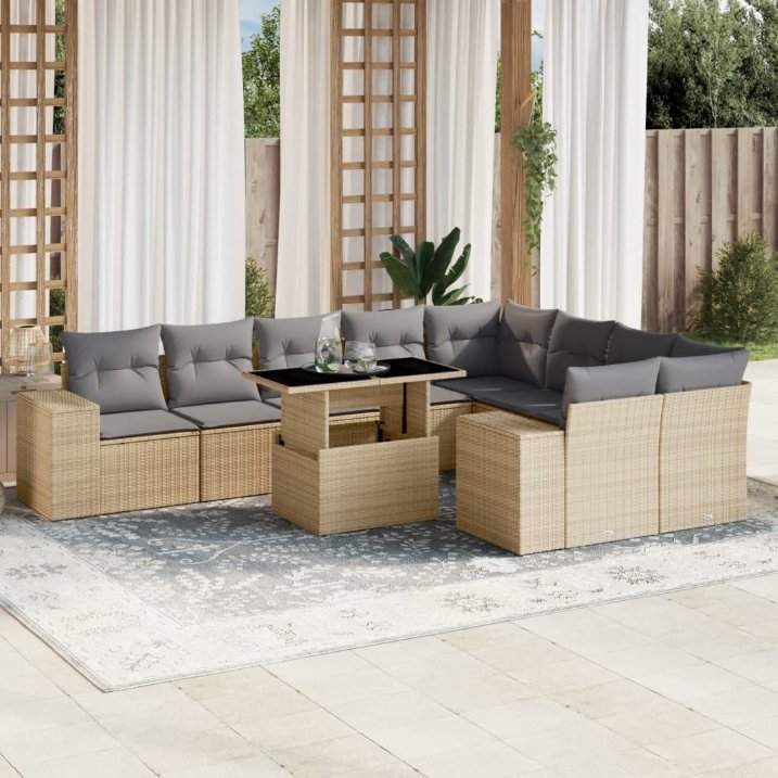 vidaXL 10-tlg. Garten-Sofagarnitur mit Kissen Schwarz Poly Rattan