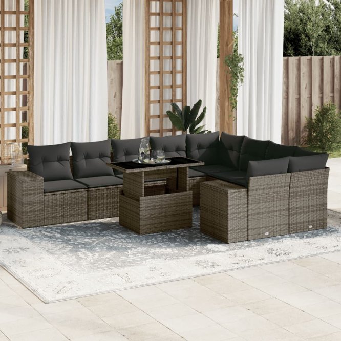 vidaXL 10-tlg. Garten-Sofagarnitur mit Kissen Schwarz Poly Rattan