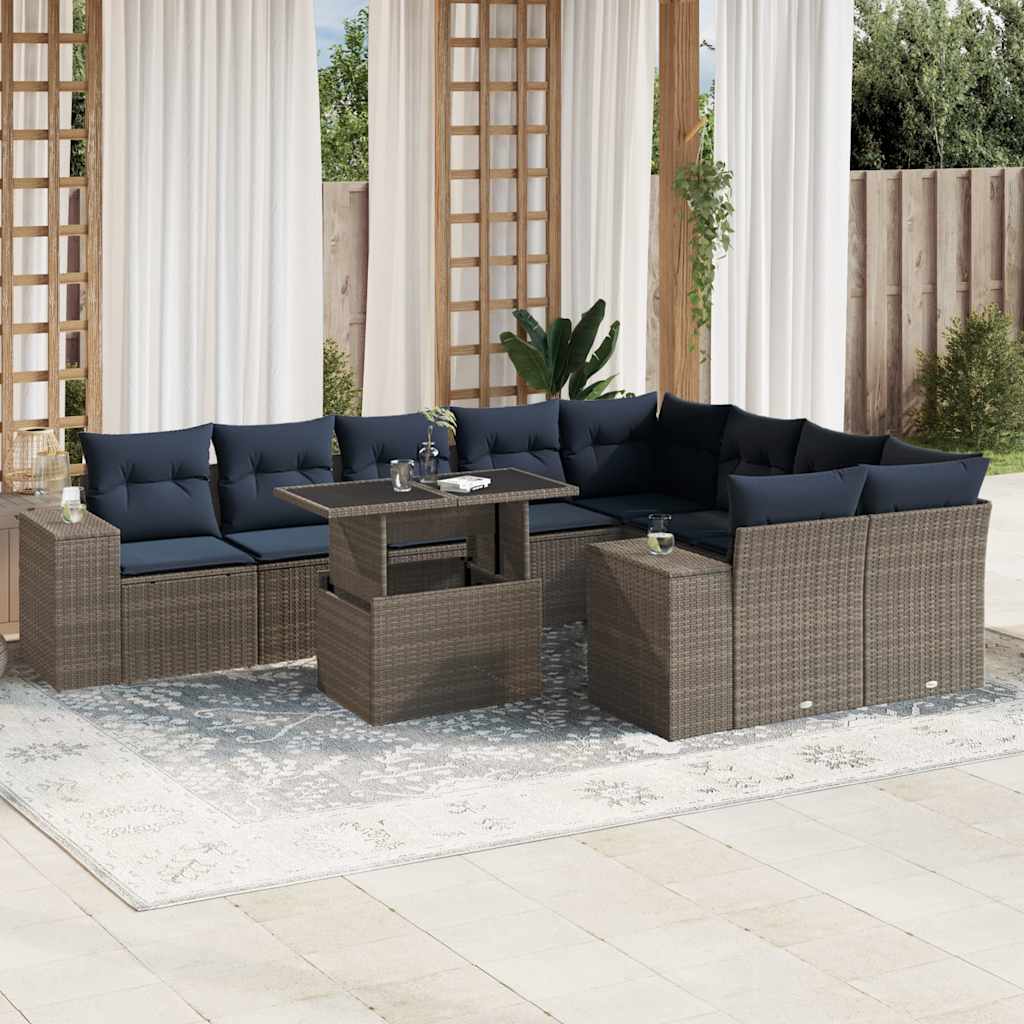 vidaXL 10-teiliges Gartensofa-Set mit Kissen, schwarzes Polyrattan