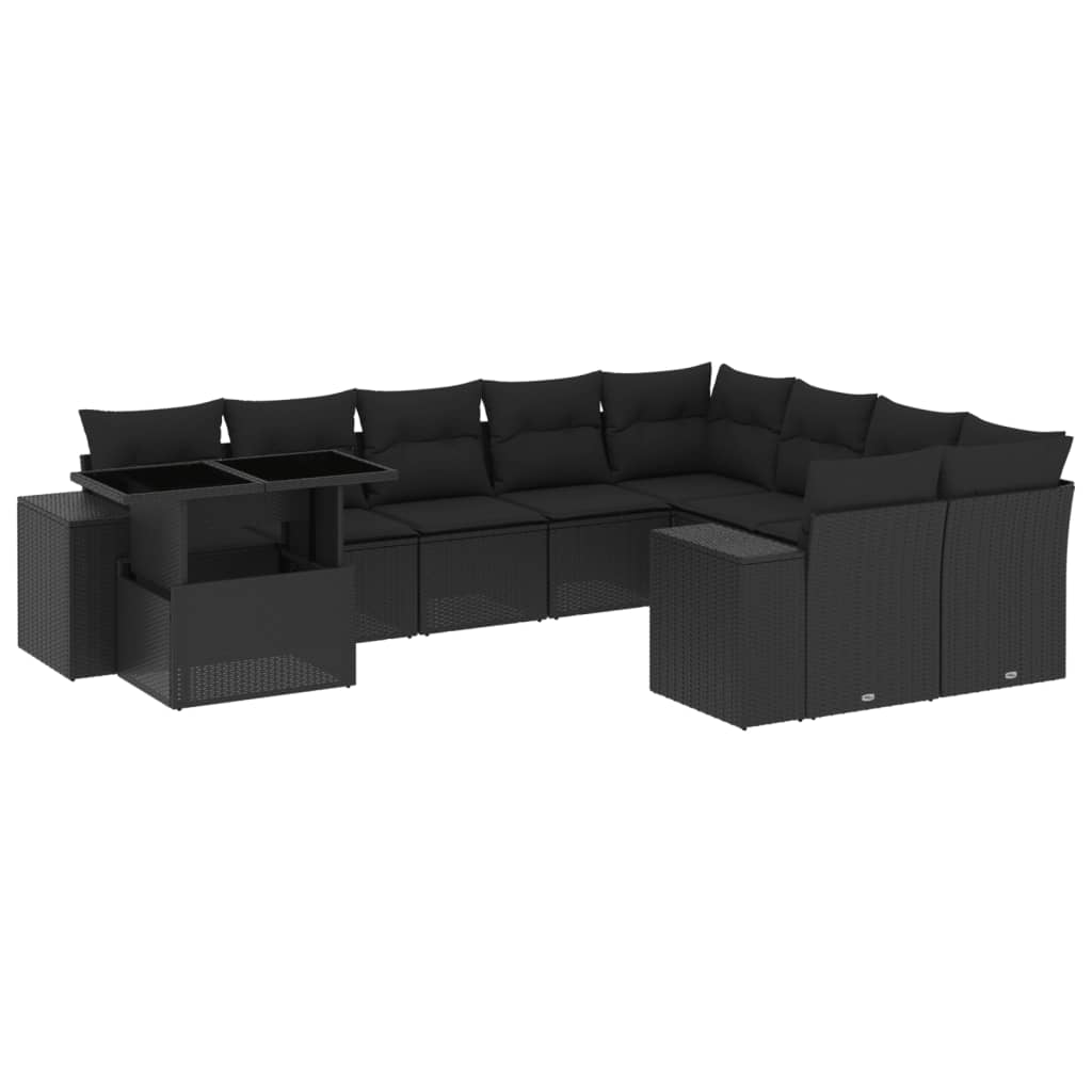 vidaXL 10-tlg. Garten-Sofagarnitur mit Kissen Schwarz Poly Rattan