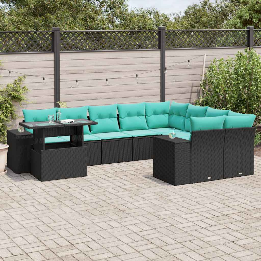 vidaXL 10-teiliges Gartensofa-Set mit Kissen, schwarzes Polyrattan