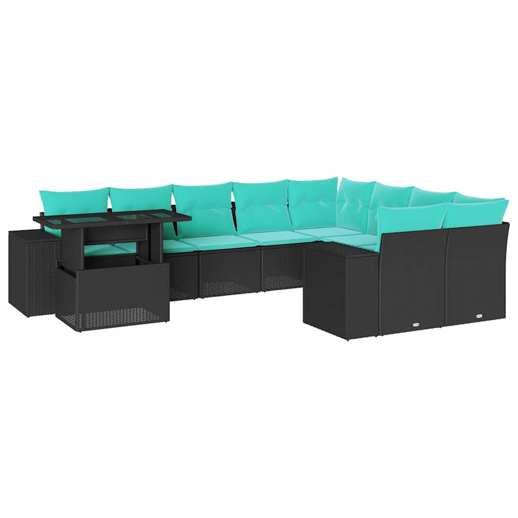 vidaXL 10-teiliges Gartensofa-Set mit Kissen, schwarzes Polyrattan