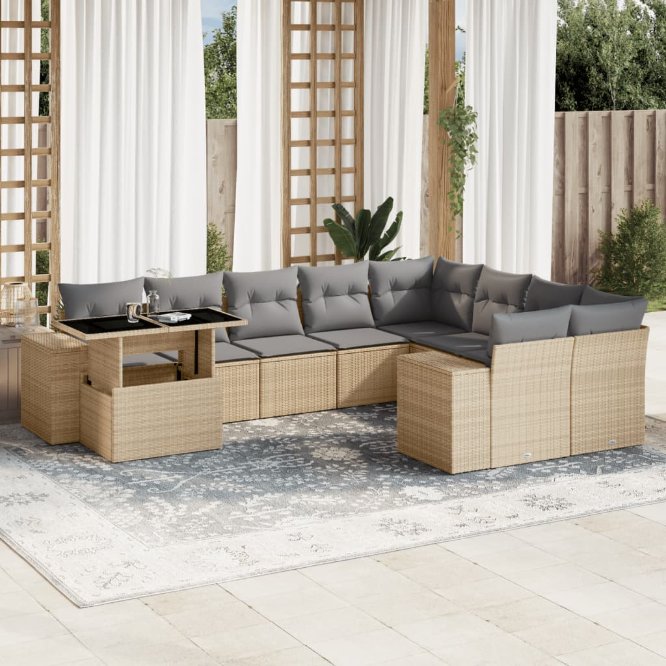 vidaXL 10-tlg. Garten-Sofagarnitur mit Kissen Schwarz Poly Rattan