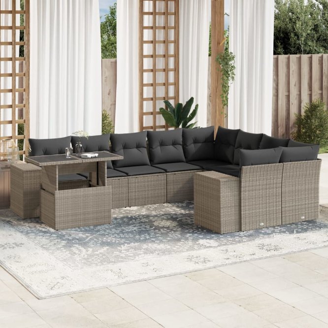 vidaXL 10-tlg. Garten-Sofagarnitur mit Kissen Schwarz Poly Rattan