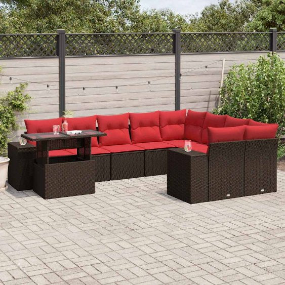 vidaXL 10-teiliges Gartensofa-Set mit Kissen, schwarzes Polyrattan
