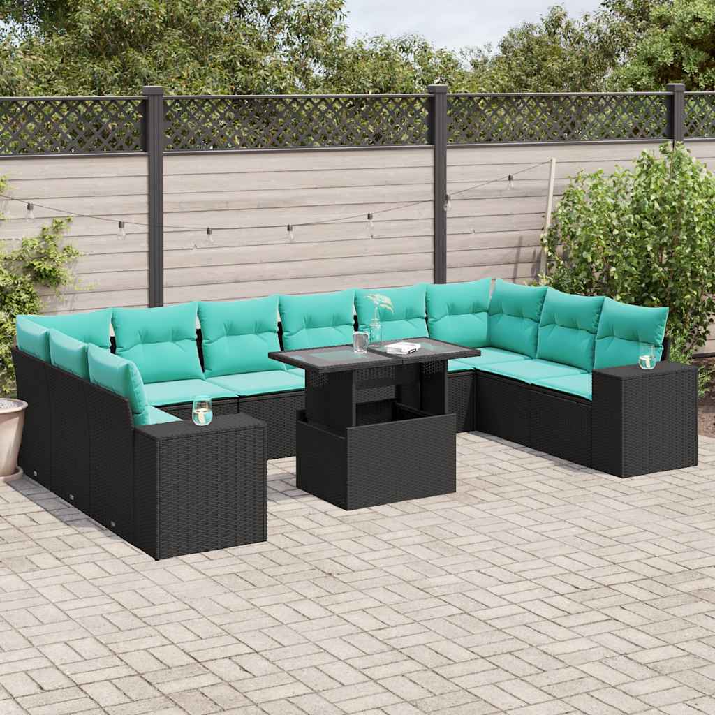 vidaXL 11-teiliges Gartensofa-Set mit Kissen, schwarzes Polyrattan