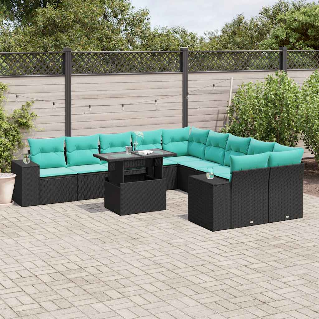 vidaXL 11-teiliges Gartensofa-Set mit Kissen, schwarzes Polyrattan
