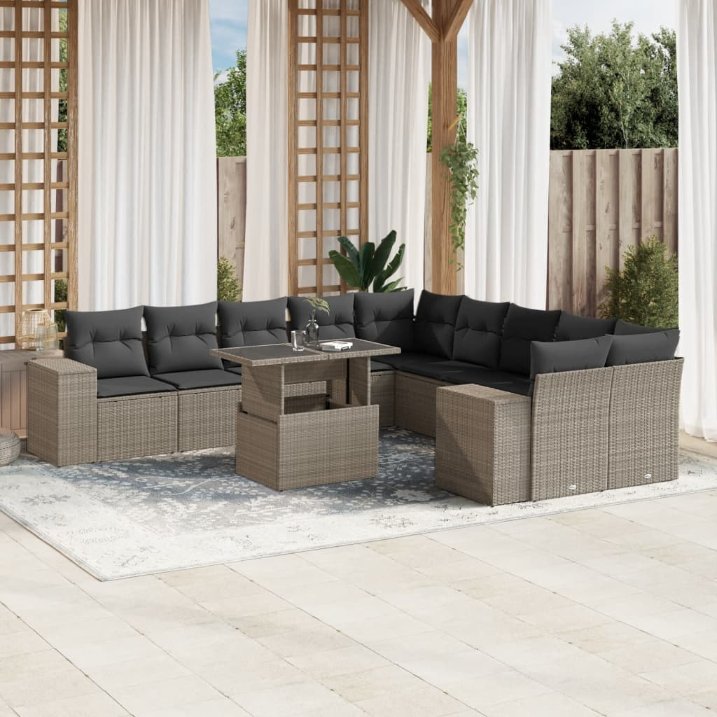 vidaXL 11-tlg. Garten-Sofagarnitur mit Kissen Schwarz Poly Rattan