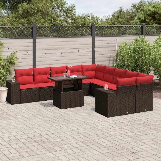 vidaXL 11-teiliges Gartensofa-Set mit Kissen, schwarzes Polyrattan