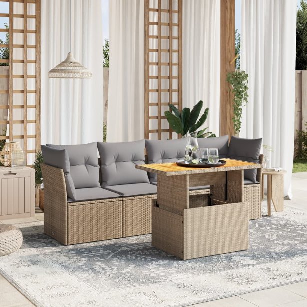 5-tlg. Garten-Sofagarnitur mit Kissen Schwarz Poly Rattan
