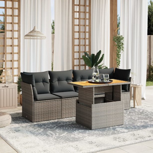 5-tlg. Garten-Sofagarnitur mit Kissen Schwarz Poly Rattan