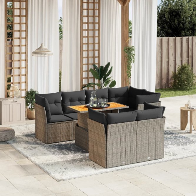 8-tlg. Garten-Sofagarnitur mit Kissen Schwarz Poly Rattan