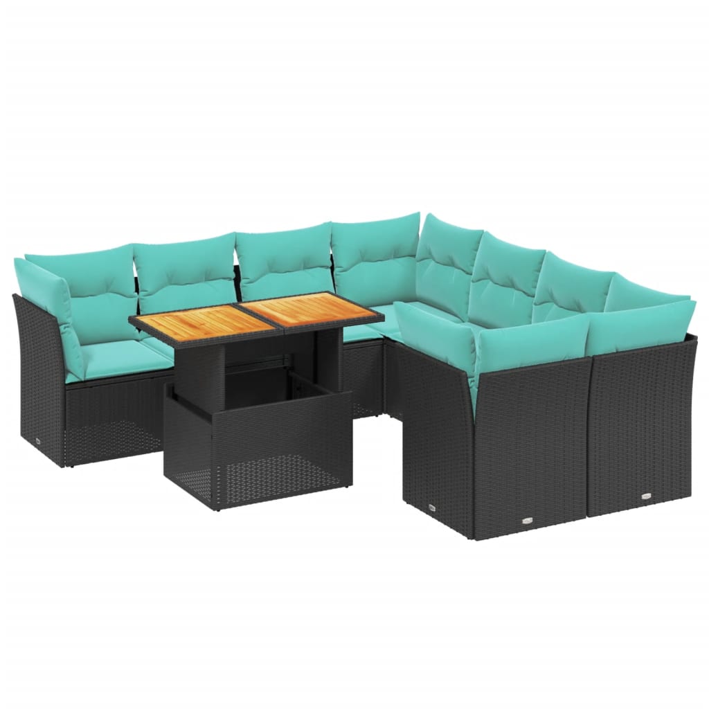9-tlg. Garten-Sofagarnitur mit Kissen Schwarz Poly Rattan