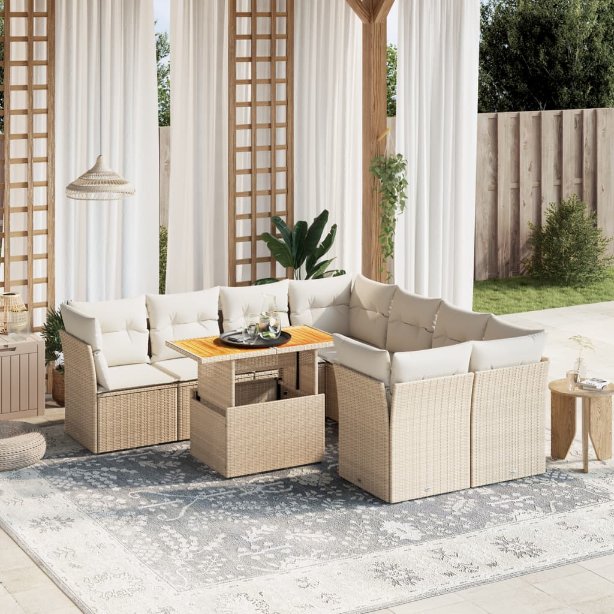 9-tlg. Garten-Sofagarnitur mit Kissen Schwarz Poly Rattan