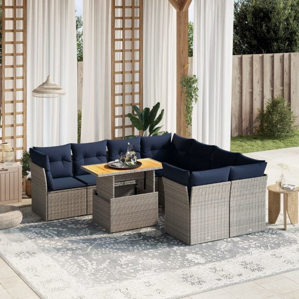 9-tlg. Garten-Sofagarnitur mit Kissen Schwarz Poly Rattan