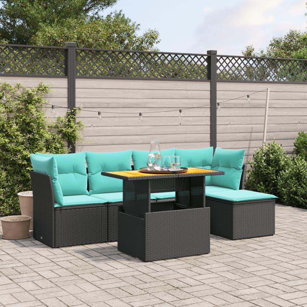 6-tlg. Garten-Sofagarnitur mit Kissen Schwarz Poly Rattan