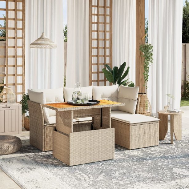 6-tlg. Garten-Sofagarnitur mit Kissen Schwarz Poly Rattan