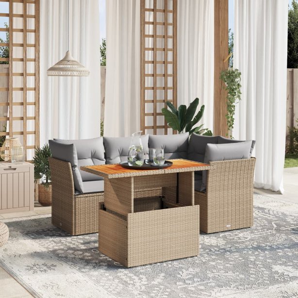 5-tlg. Garten-Sofagarnitur mit Kissen Schwarz Poly Rattan