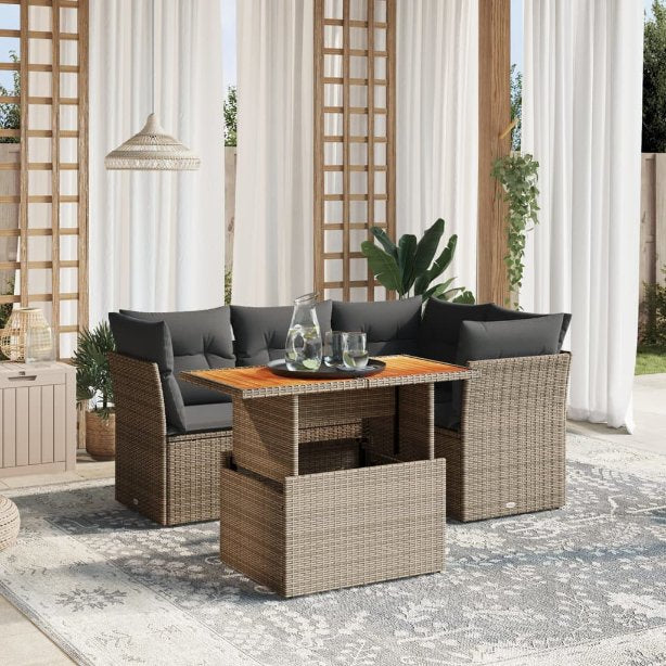 5-tlg. Garten-Sofagarnitur mit Kissen Schwarz Poly Rattan