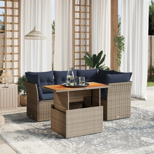 5-tlg. Garten-Sofagarnitur mit Kissen Grau Poly Rattan
