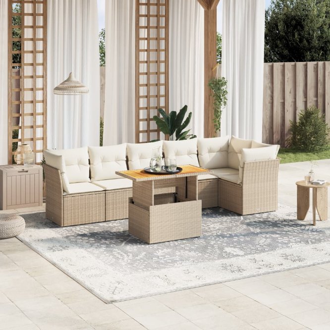 7-tlg. Garten-Sofagarnitur mit Kissen Schwarz Poly Rattan