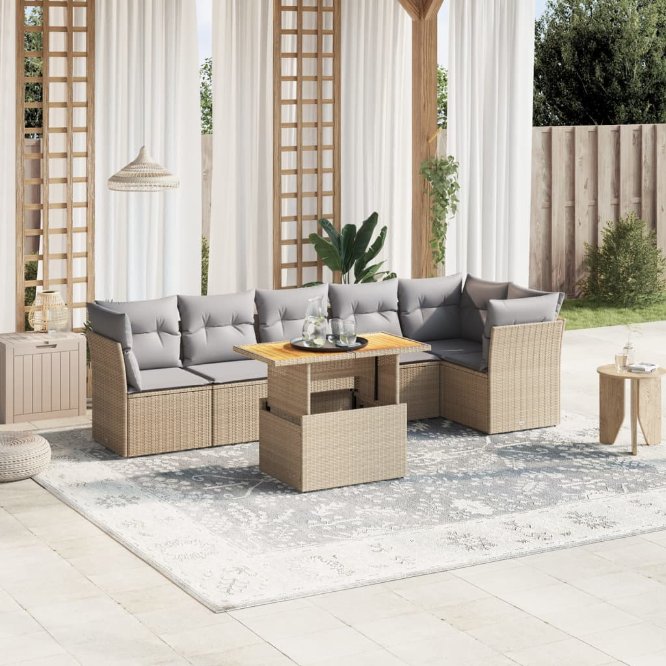 7-tlg. Garten-Sofagarnitur mit Kissen Schwarz Poly Rattan