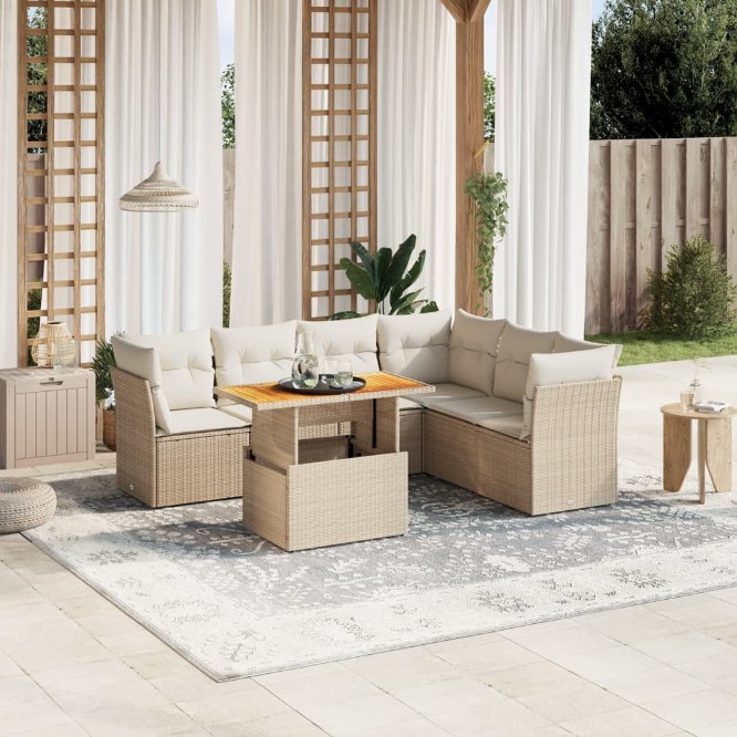 7-tlg. Garten-Sofagarnitur mit Kissen Schwarz Poly Rattan