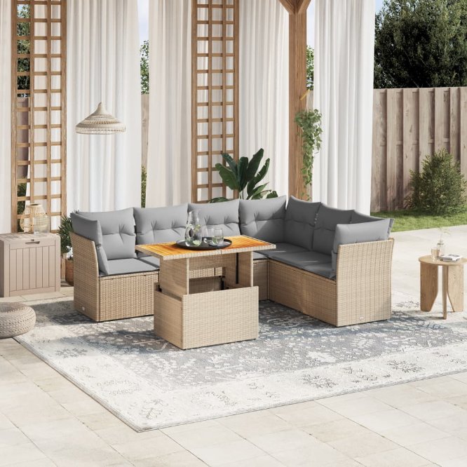 7-tlg. Garten-Sofagarnitur mit Kissen Schwarz Poly Rattan