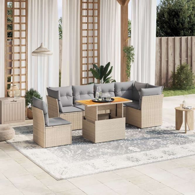 7-tlg. Garten-Sofagarnitur mit Kissen Schwarz Poly Rattan