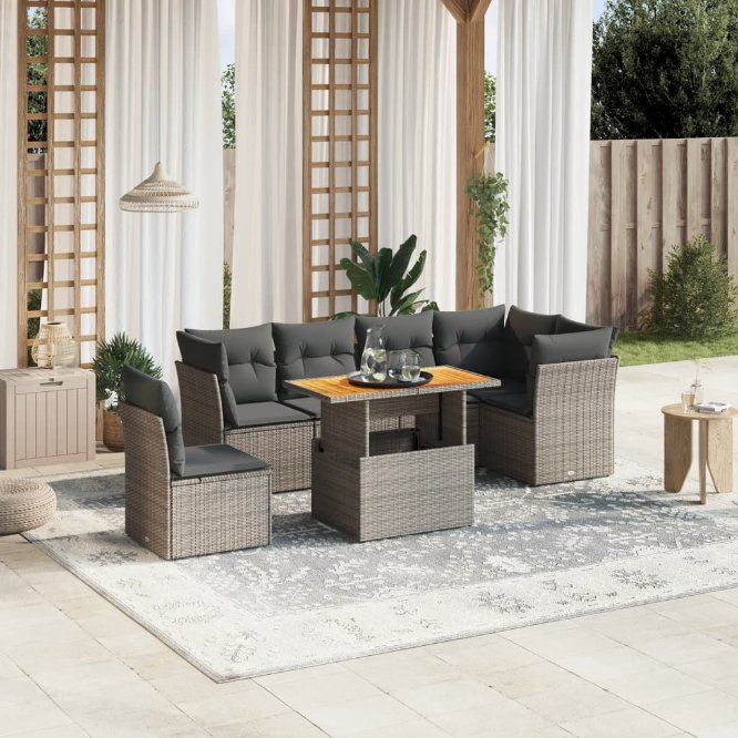 7-tlg. Garten-Sofagarnitur mit Kissen Schwarz Poly Rattan