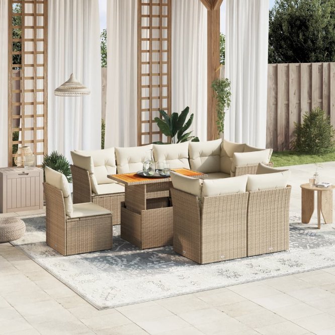 9-tlg. Garten-Sofagarnitur mit Kissen Schwarz Poly Rattan