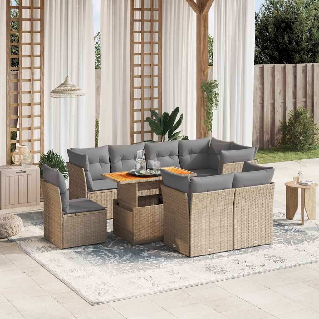 9-tlg. Garten-Sofagarnitur mit Kissen Schwarz Poly Rattan