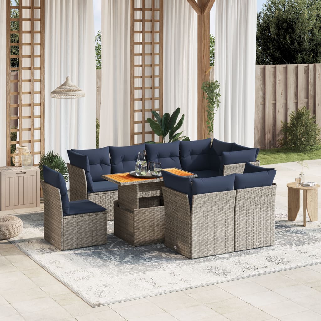 9-tlg. Garten-Sofagarnitur mit Kissen Grau Poly Rattan