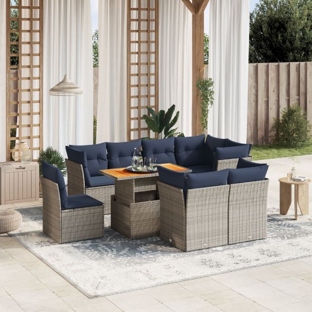 9-tlg. Garten-Sofagarnitur mit Kissen Grau Poly Rattan