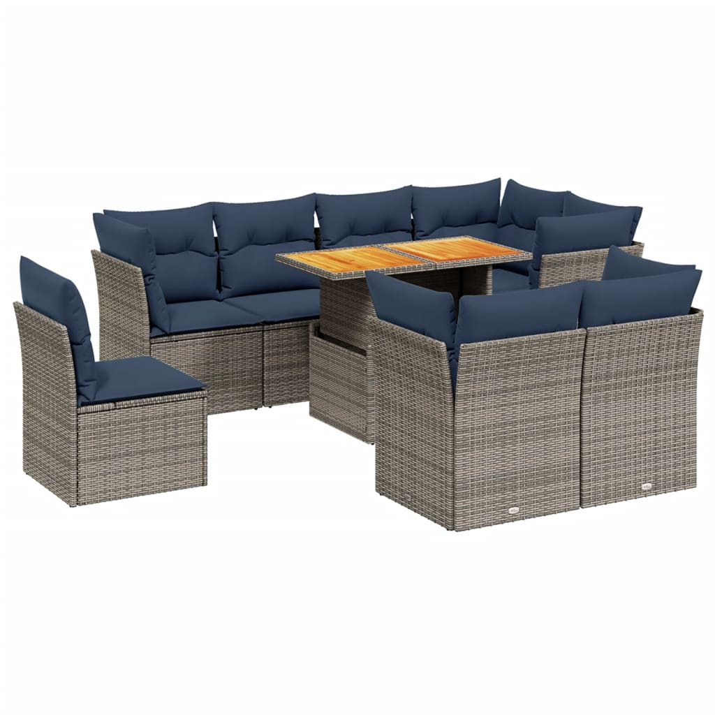 9-tlg. Garten-Sofagarnitur mit Kissen Grau Poly Rattan